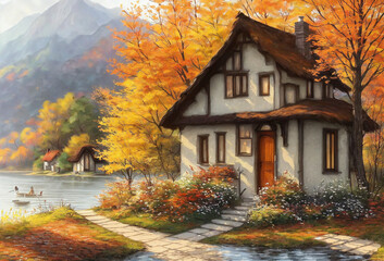 Small cottage by the lake in autumn, digital painting scenery