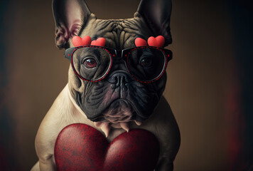 celebrating Valentine's Day with a French bulldog wearing glasses in the shape of hearts.. Generative AI