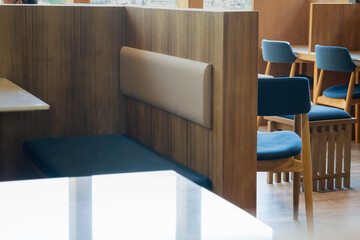 Empty cafeteria or restaurant tables with chairs