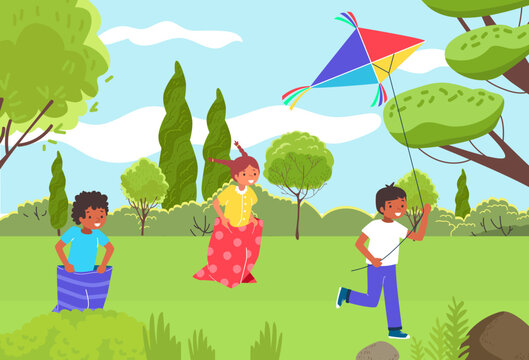 Cheerful children character together play outdoor park with paper kite, kid funny time spend garden location flat vector illustration.