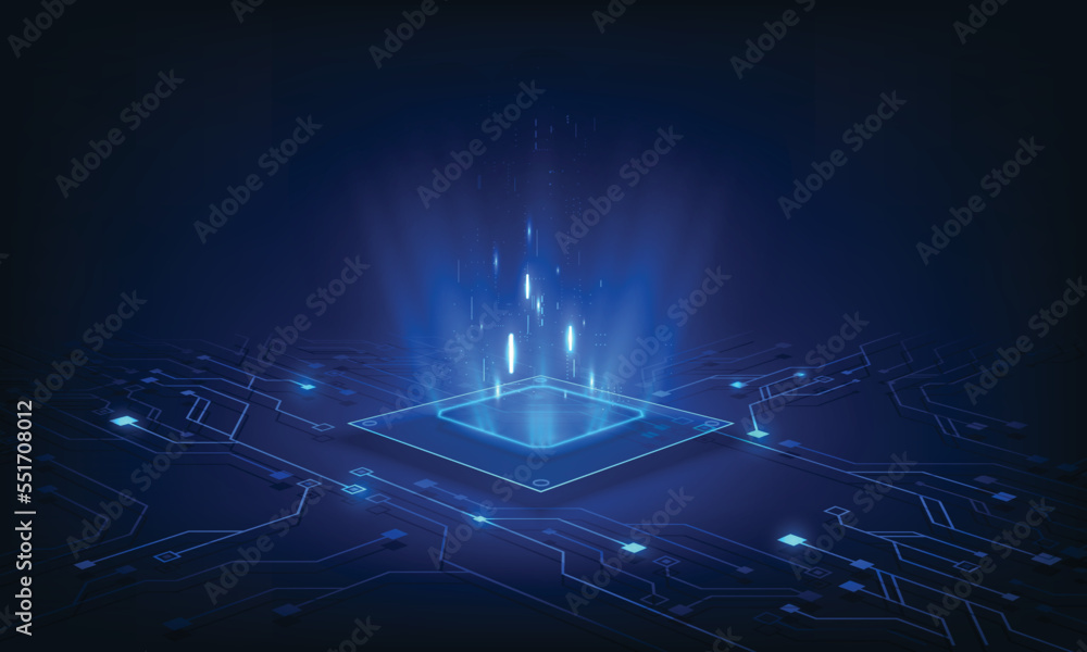 Poster abstract technology chip processor background circuit board and html code,3d illustration blue techn