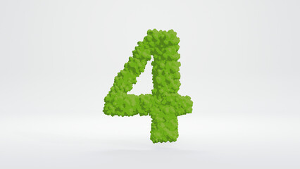 3D illustration of number four. Cute green bush style, isolated on white background with clipping path. 