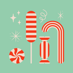 Set of striped Christmas candies. Snowflakes, sparkles and shines. Cute xmas concept. Christmas illustration. - 551708209