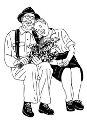Obraz premium elderly couple holding flowers sitting on the bench people's lifestyle in the park hand drawn illustration