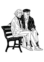 An elderly couple on a bench the lifestyle of the people in the park hand drawn illustration
