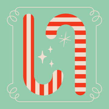 Set of two Christmas candy canes. Snowflake and sparkles. Cute xmas concept. Striped christmas illustration.