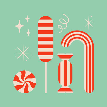 Set of striped Christmas candies. Snowflakes, sparkles and shines. Cute xmas concept. Christmas illustration.