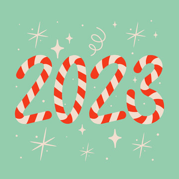 New Year 2023 in shape of candy stick isolated on ice blue. Striped holiday candies vector illustration. Snowflakes, sparkles and shines. Xmas concept.