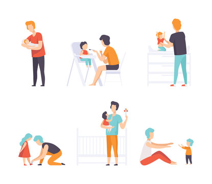 Young Fathers Taking Care of Their Babies Nursing and Feeding Them Vector Set