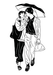 walking couple holding umbrella
hand drawn illustration