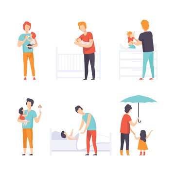 Young Fathers Taking Care of Their Babies Nursing and Feeding Them Vector Set