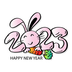 Happy New Year 2023 greeting card with cute rabbit.