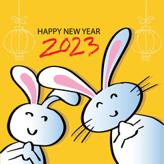 Happy New Year 2023 greeting card with cute rabbit.