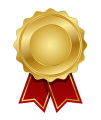 Golden medal with red ribbon vector. Seal award golden. Medal badge icons premium. Blank medal template.