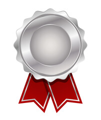 Silver medal with red ribbon vector. Seal award silver. Medal badge icons premium. Blank medal template.