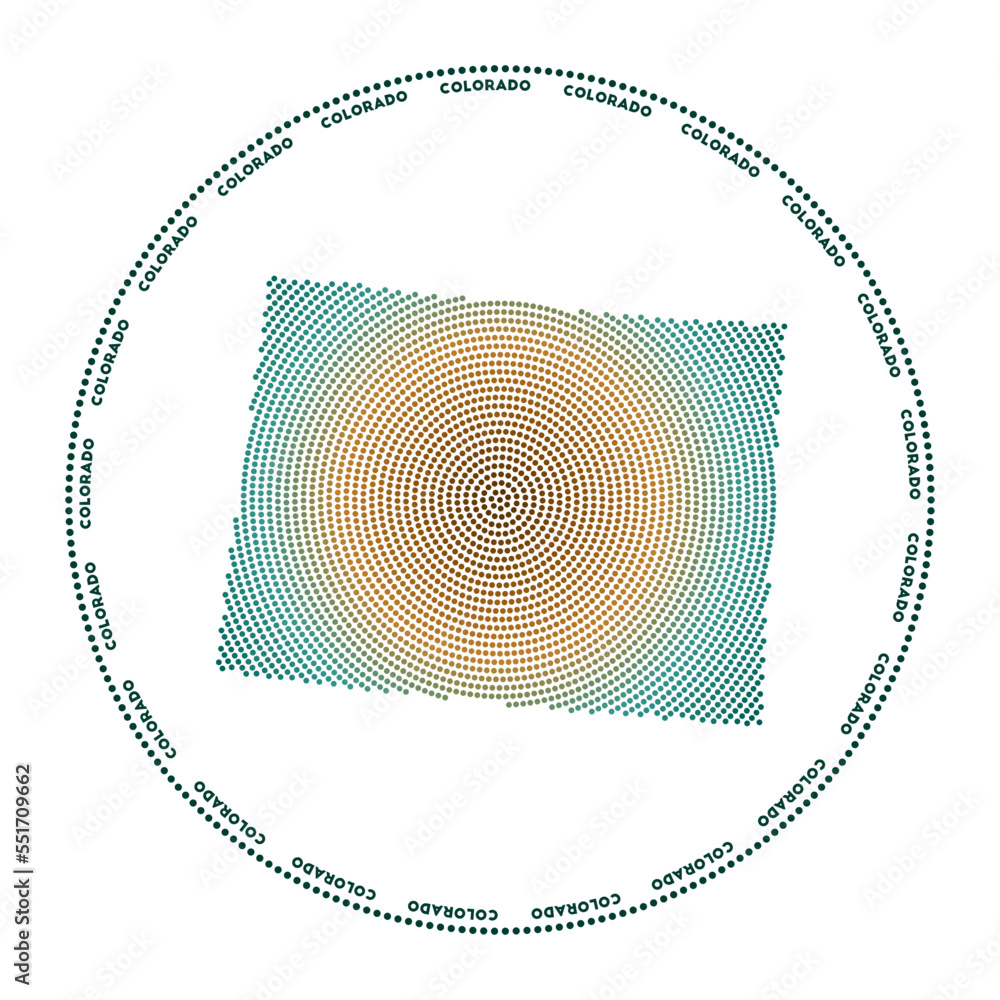 Poster colorado round logo. digital style shape of colorado in dotted circle with us state name. tech icon 