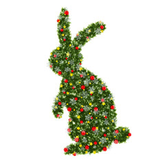 Beautiful Christmas Graphic Element with christmas wreath material in the shape of Rabbit, with red orbs and snowflakes and shiny stars on transparent background (RGBA 3D Rendering PNG)
