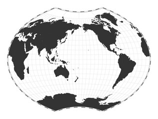 Vector world map. Ginzburg VI projection. Plan world geographical map with latitude/longitude lines. Centered to 180deg longitude. Vector illustration.