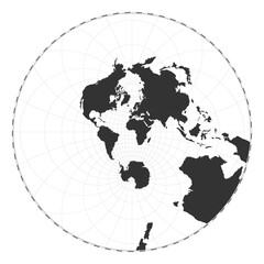 Vector world map. Stereographic. Plan world geographical map with latitude/longitude lines. Centered to 0deg longitude. Vector illustration.