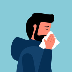 A man cover his sneeze with handkerchief vector illustration. Sick man sneeze in flat design side view. Season allergy.