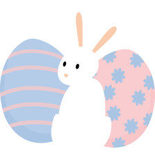 White easter bunny with easter eggs. Rabbit illustration. Flat design.