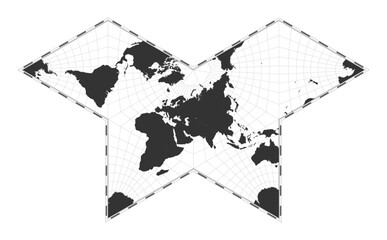 Vector world map. Gnomonic butterfly projection. Plan world geographical map with latitude/longitude lines. Centered to 60deg W longitude. Vector illustration.