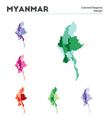 Myanmar map collection. Borders of Myanmar for your infographic. Colored country regions. Vector illustration.
