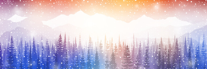 Dreamy winter landscape, mountains in sunset light, snowfall and bokeh effect, panoramic view