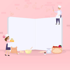 Book and chef with baking utensils background