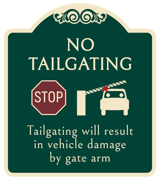 Decorative automatic gate warning sign and labels tailgating will result in vehicle damage  by gate arm