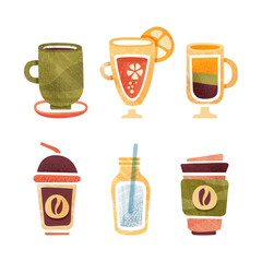 Drink and Beverage with Coffee in Cup, Water in Bottle with Straw and Tea in Mug Vector Set