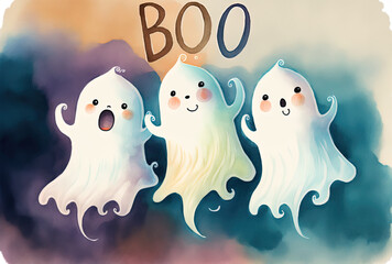 Obraz premium Three white ghosts floating in the air are depicted in a watercolor with the word boo. kids in cartoon form.. Generative AI