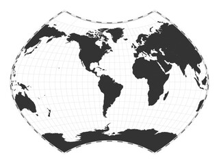 Vector world map. Ginzburg IX projection. Plan world geographical map with latitude/longitude lines. Centered to 60deg E longitude. Vector illustration.