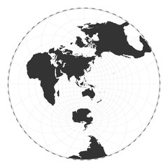 Vector world map. Airy's minimum-error azimuthal projection. Plan world geographical map with latitude/longitude lines. Centered to 120deg W longitude. Vector illustration.