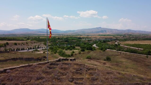Aerial view of the Macedonian plain above Stobi archaeological site in summer