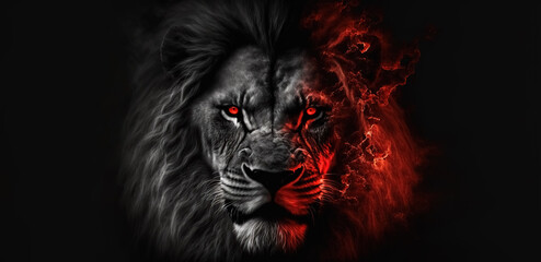 Lion king in fire, Portrait on black background, Wildlife animal. Danger concept. digital art - obrazy, fototapety, plakaty