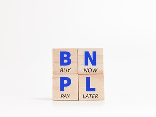 Trending online business. Concept of buy now pay later on wooden cubes. 