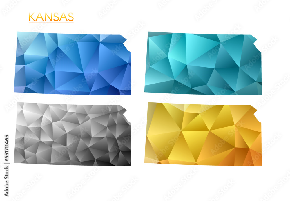 Poster set of vector polygonal maps of kansas. bright gradient map of us state in low poly style. multicolo