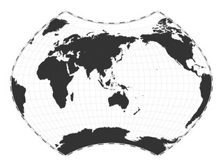 Vector world map. Ginzburg IX projection. Plan world geographical map with latitude/longitude lines. Centered to 120deg W longitude. Vector illustration.