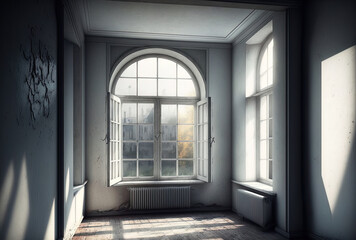 Windows in a small room that is vacant true interior architecture. Generative AI