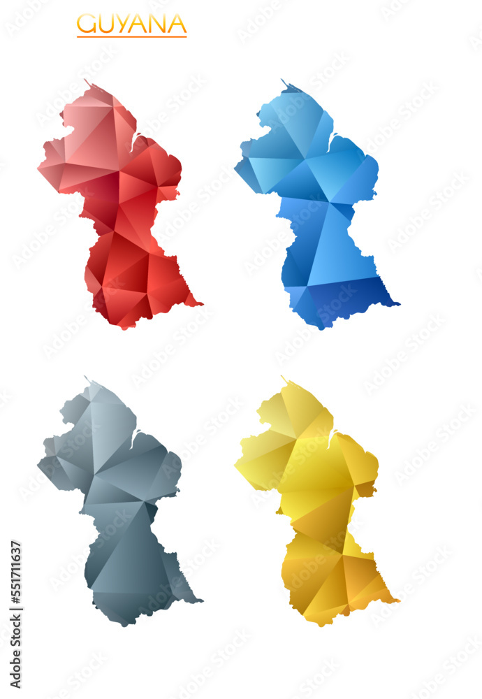Poster set of vector polygonal maps of guyana. bright gradient map of country in low poly style. multicolor