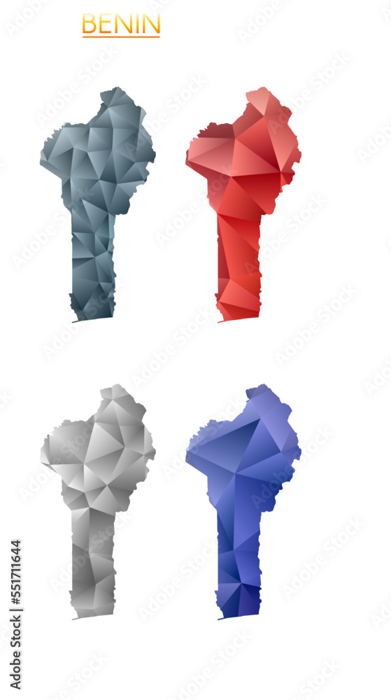 Poster set of vector polygonal maps of benin. bright gradient map of country in low poly style. multicolore