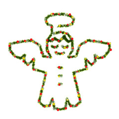 Beautiful Christmas Graphic Element with christmas wreath material in the shape of Angel, with red orbs and snowflakes and shiny stars on transparent background (RGBA 3D Rendering PNG)