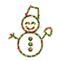 Beautiful Christmas Graphic Element with christmas wreath material in the shape of Snowman, with red orbs and snowflakes and shiny stars on transparent background (RGBA 3D Rendering PNG)