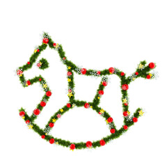 Beautiful Christmas Graphic Element with christmas wreath material in the shape of Rocking Horse, with red orbs and snowflakes and shiny stars on transparent background (RGBA 3D Rendering PNG)
