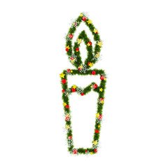 Beautiful Christmas Graphic Element with christmas wreath material in the shape of Candle, with red orbs and snowflakes and shiny stars on transparent background (RGBA 3D Rendering PNG)