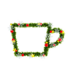 Beautiful Christmas Graphic Element with christmas wreath material in the shape of mug, with red orbs and snowflakes and shiny stars on transparent background (RGBA 3D Rendering PNG)