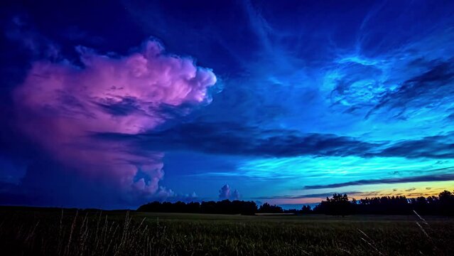 Timelapse Of Pink Cumulonimbus Clouds On Blue Twilight Evening. Static Shot