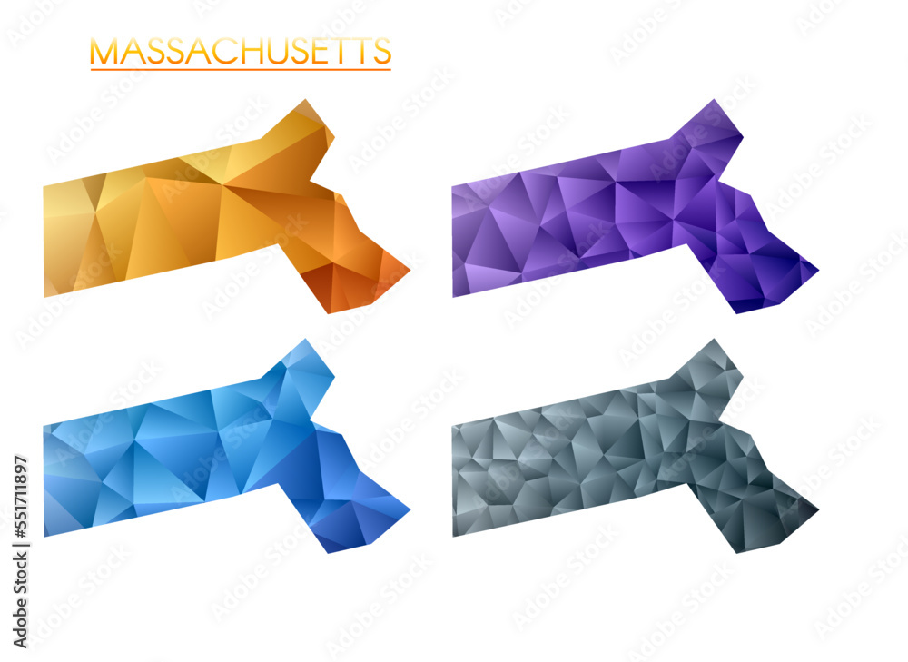 Poster set of vector polygonal maps of massachusetts. bright gradient map of us state in low poly style. mu