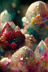 opalescent crystalized fragments with abstract fruit